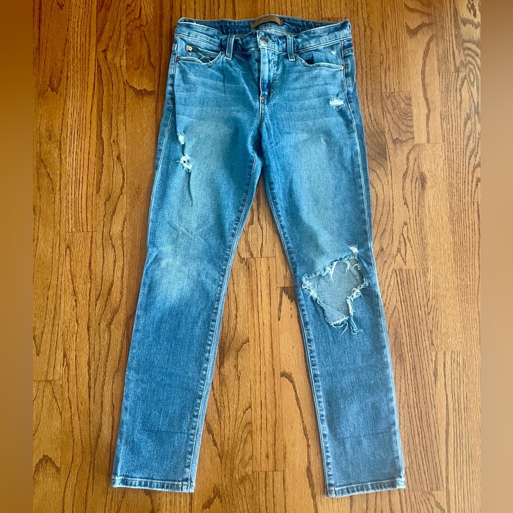Joe’s Premium Ripped & Distressed Mid Rise Skinny Blue Jeans, Size 27